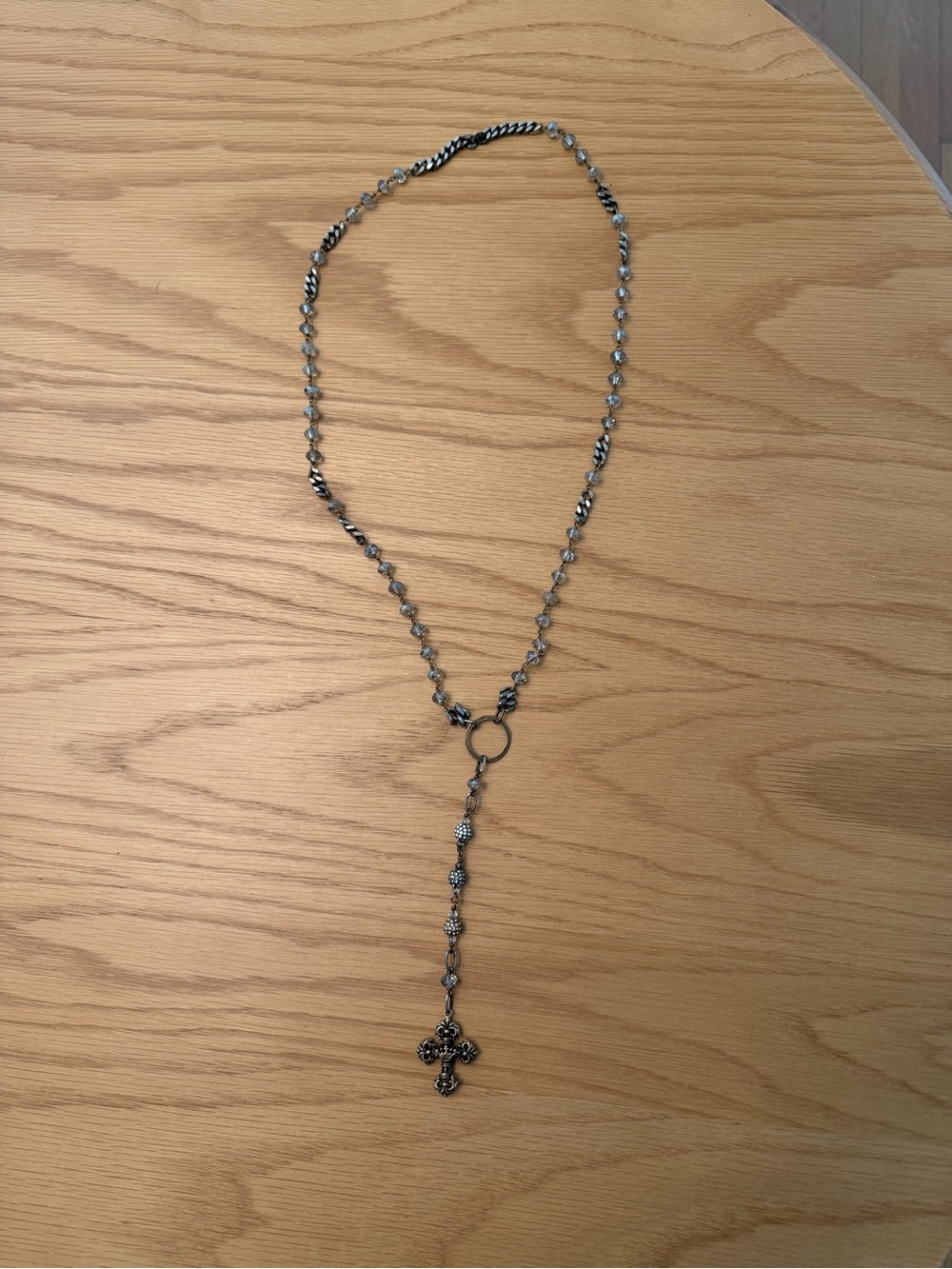 Beaded Cross Lariat Necklace Gray Gunmetal Long Pendant